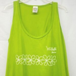 Sundress Lime Green White Floral Print Sleeveless Scoop Neck Scalloped Hem Beach